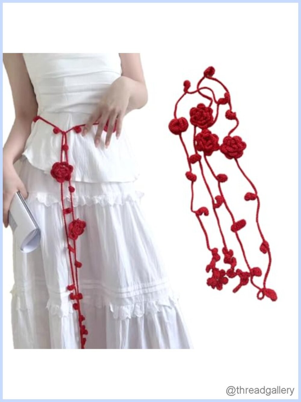 Hand Crocheted Cotton Rose Braided Waist Belt Rope Boho Style